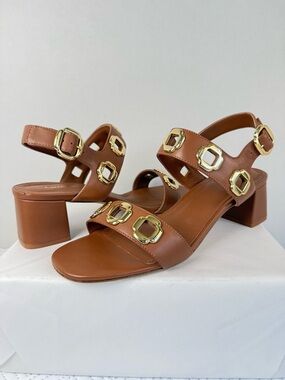 Larroude Milan Block Heel Sandal In Caramel Leather Size 10